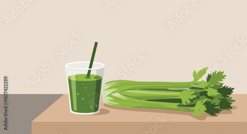Celery juice, with straw, sits near a bunch of fresh celery on a light-brown surface