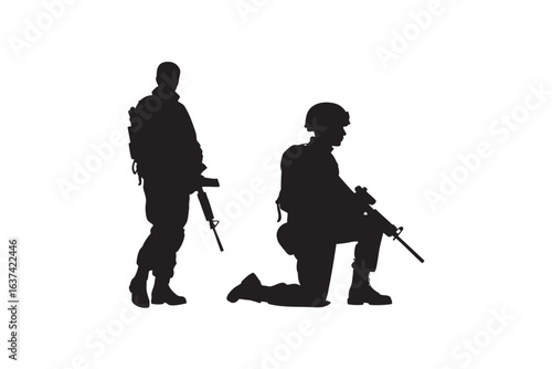 Two soldiers in silhouette one standing with rifle and one kneeling with rifle representing military action and readiness silhouette