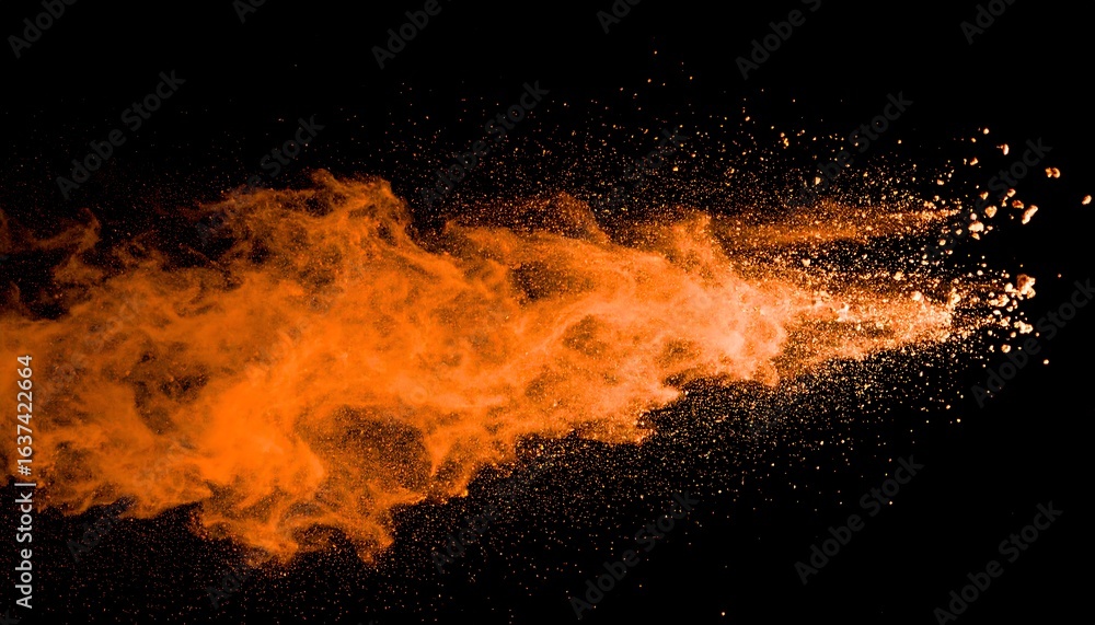 Orange Powder Explosion Against Black Background, Abstract and Dynamic Composition. Orange Powder Explosion Against Black Background, Abstract and Dynamic Composition.