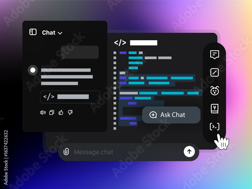 Separate window, allowing you and Ai Chat to collaborate working on the Code.  Tool for help with writing and Coding. Web browser with Artificial intelligence chatting text on screen. Vector illustrat