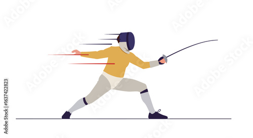 Athlete in fencing uniform extending sword, lines show movement on a white field