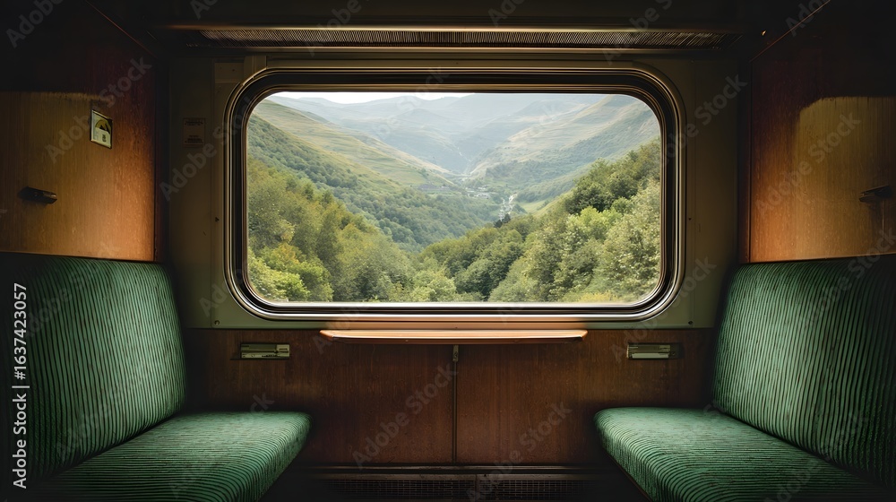 Fototapeta premium Tranquil train seat with a mountain view.
