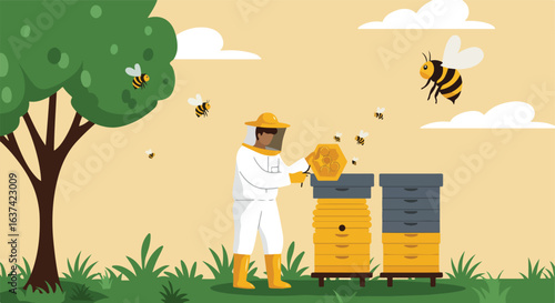 Beekeeper with hive box, bees flying near tree, white clouds on beige background