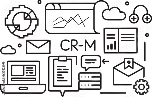Hand drawn icons for C R M business analytics and communication customer relationship management data