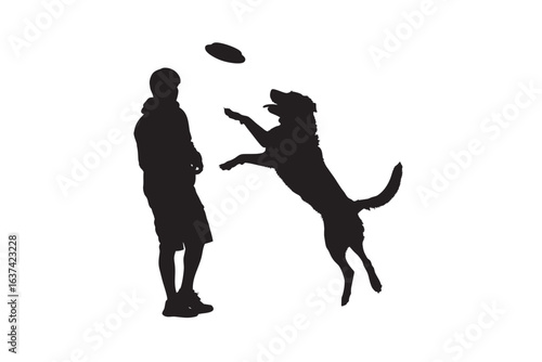 Man and dog playing frisbee in a park with a clear black silhouette against a white background