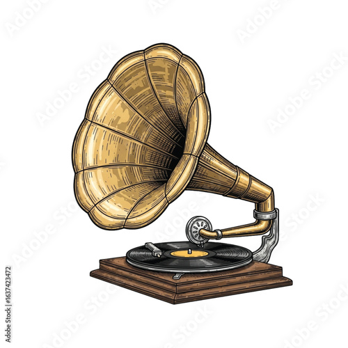 Illustration of a vintage gramophone with a large horn speaker and a record on the turntable.