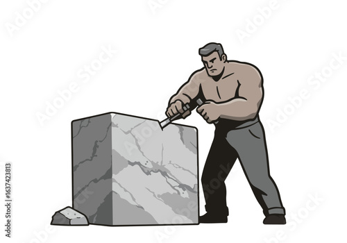 Sculptor chipping marble in a studio. Crafting, design, artistry. Plain bg