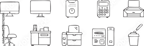 Hand drawn office equipment and supplies icons on white background computer monitor