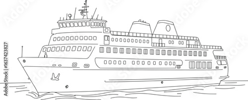 Cruise ship line drawing, ocean travel illustration, maritime transportation sketch, modern passenger ferry, detailed nautical vessel outline for design