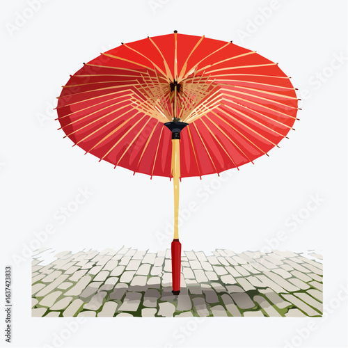 Red Japanese umbrella on wet stone pavement, rainy atmosphere, traditional Kyoto vibe