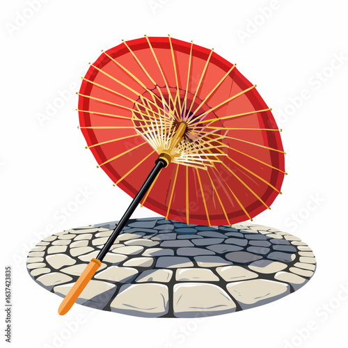 Red Japanese umbrella on wet stone pavement, rainy atmosphere, traditional Kyoto vibe