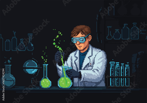 Pixel scientist mixes green liquid in a lab with glasswares. Science retro-gaming