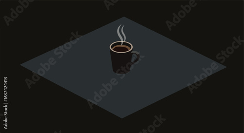 Isometric mug steaming on a dark surface. Negative space. Can be used for promos