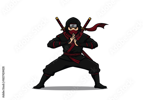 Agile masked ninja poses with swords in a neutral background for use in media