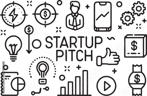 Startup pitch icons including lightbulb money target and graph business idea