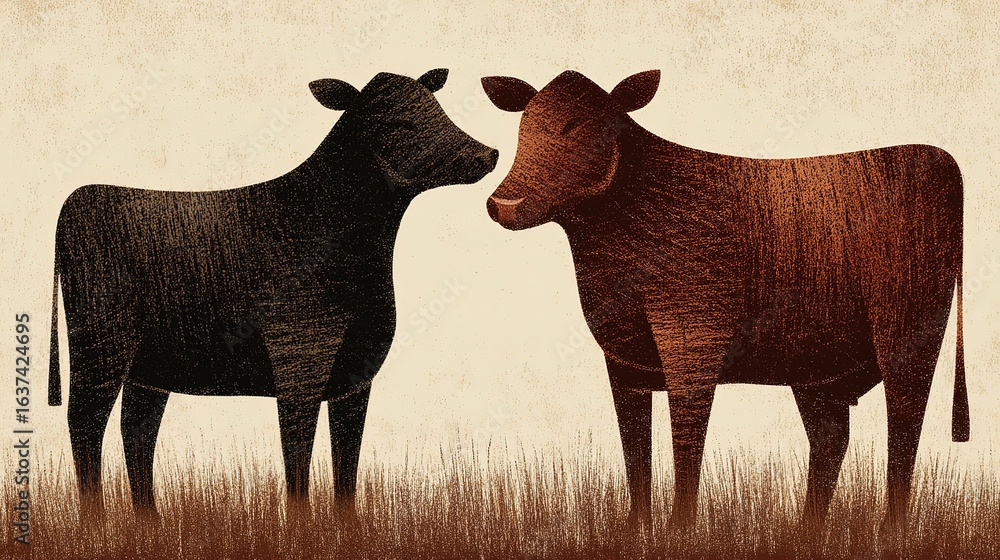 Fototapeta premium Two Stylized Cows in a Field: Rustic Farm Animal Illustration for Decor and Design Projects