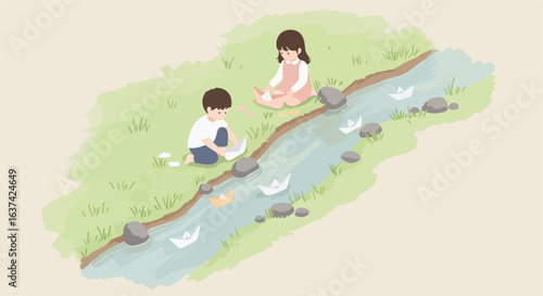 Kids launch paper boats on creek bank. Grassy hillside background. Use Illustration