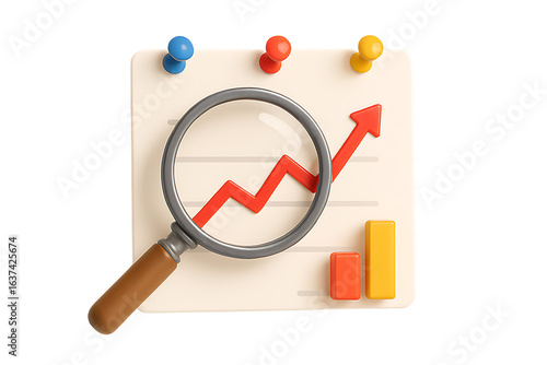3d rendered financial chart with magnifying glass isolated on transparent background