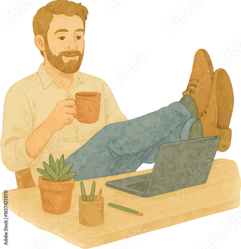 Watercolor Illustration of a Relaxed Lifestyle at a Workspace with Laptop and Houseplants – Minimalist Style, Transparent Background