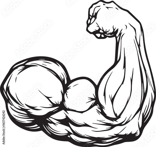 Black and white illustration of a flexed muscular arm with clenched fist, emphasizing biceps, triceps, and forearm strength