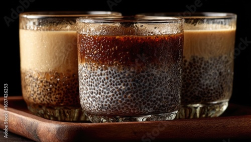 Three layered chia seed drinks in glass cups on a wooden tray