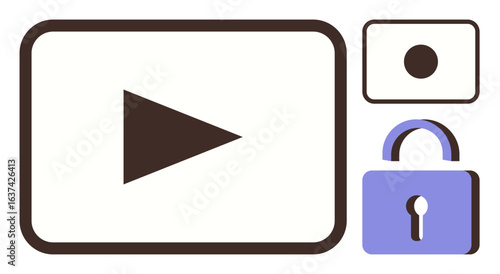 Large play button in video frame, circular record icon, secure padlock symbol. Ideal for media streaming, privacy, technology, online security, content creation, access control simple flat metaphor