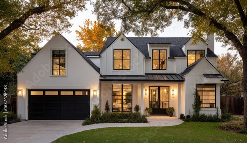 Modern white farmhouse at dusk