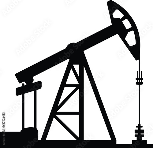 Oil pump jack silhouette, crude oil extraction equipment, petroleum industry machinery, energy production rig, black vector illustration, industrial oilfield pump, oil drilling appara