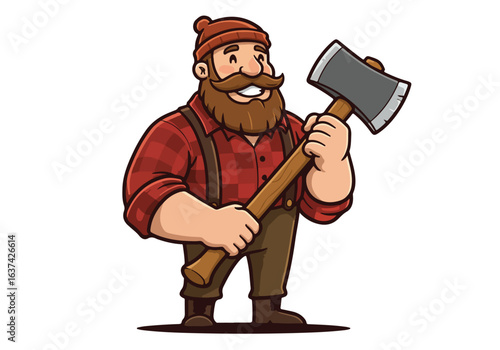 Cartoon Lumberjack holding axe in white space for logo or sticker design