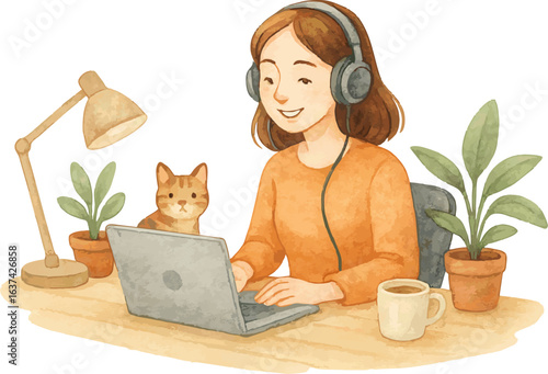 Watercolor Illustration of a Relaxed Lifestyle at a Workspace with Laptop and Houseplants – Minimalist Style, Transparent Background