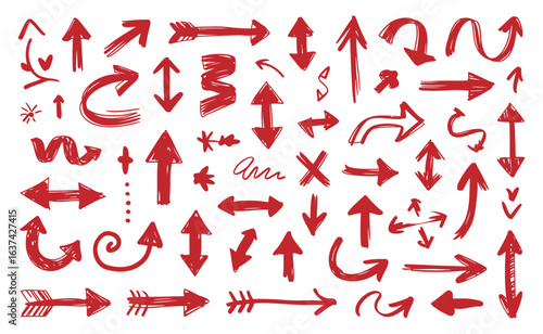 Collection hand drawn red arrows. Set simple arrows vector, red grunge arrow collection