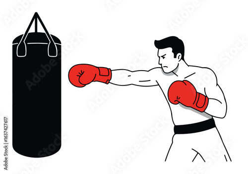 Boxer punches bag for fitness at gym, blank background, health concept