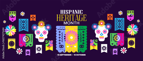 National Hispanic heritage month banner with girl, papel picado, guitar Hispanic and Latino Americans culture, event Celebrate annual october in United States Vector illustration template background