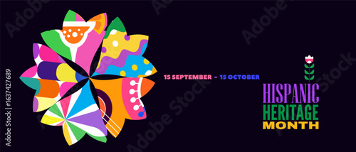 National Hispanic heritage month banner with girl, papel picado, guitar Hispanic and Latino Americans culture, event Celebrate annual october in United States Vector illustration template background