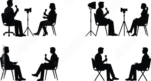 Silhouette of people in interview, holding microphone, recording conversation, media talk show setup, professional discussion, interviewer and guest, camera and lighting