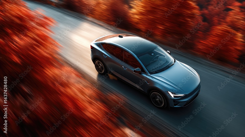 Naklejka premium Modern Electric Car Speeding Through Scenic Autumn Landscape with Vibrant Foliage