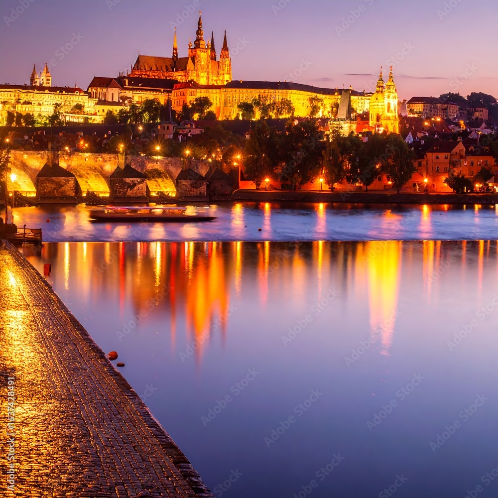 Fototapeta premium Night view of a riverside castle, illuminated, reflected in calm water