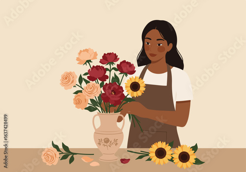 Woman arranges flowers in a vase; warm background; for blog use