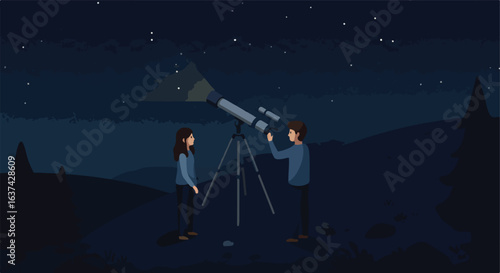 Couple stargazing with a telescope at night in the dark, star filled sky background