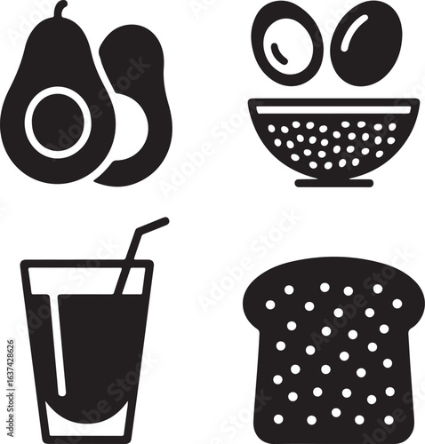 Healthy breakfast icons featuring avocado eggs juice and toast in a simple silhouette style
