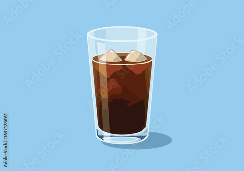 Iced drink illustration in a clear glass over light blue background. Use graphics