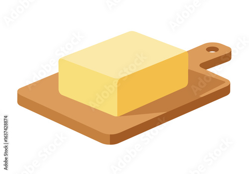 Block of butter placed on a light brown wooden cutting board against white
