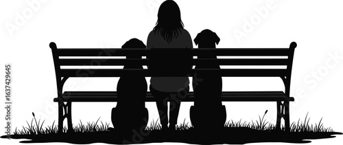 Woman with two dogs sitting on park bench, friendship silhouette, pet owner bond, outdoor leisure scene, nature background, companionship art, relaxing moment vector, peaceful park design
