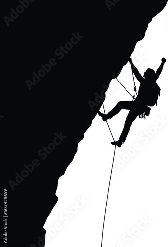 Rock climber silhouette on steep cliff, extreme sports adventure, mountain climbing challenge, outdoor exploration, adventure sports vector, dangerous climb scene, active lifestyle design,