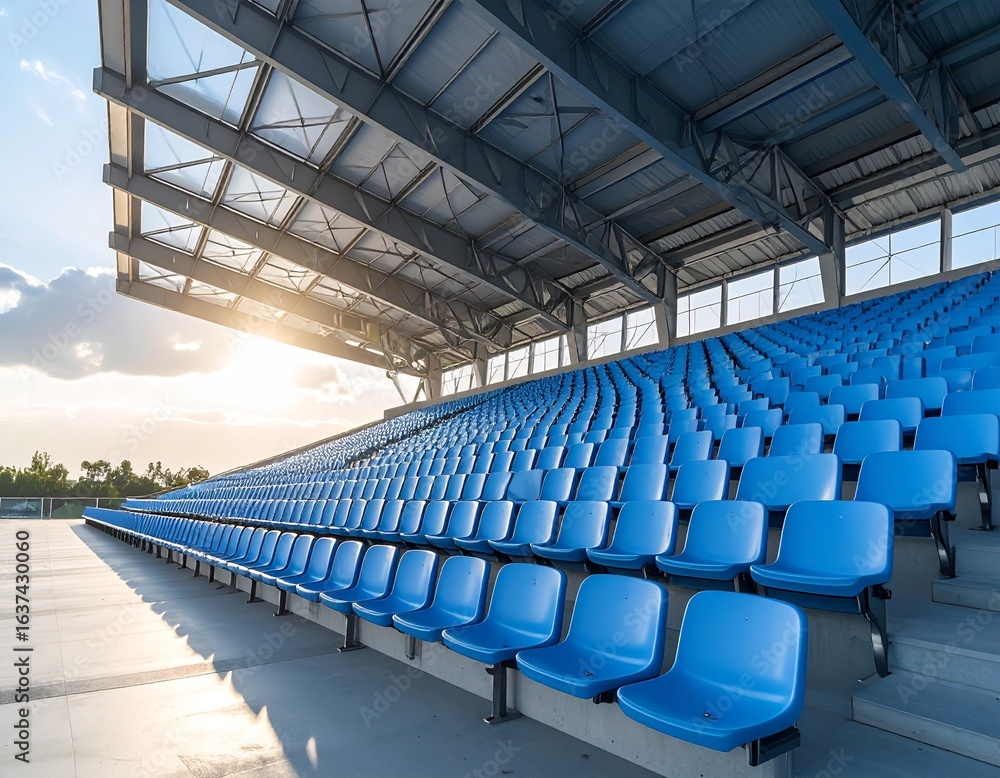 Fototapeta premium Empty Blue Stadium Seats at Sunset