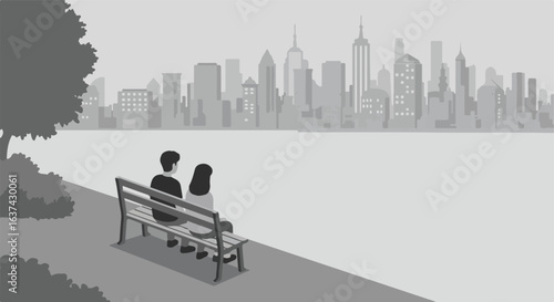Couple sitting on a bench by riverfront; cityscape background. Can illustrate blogs