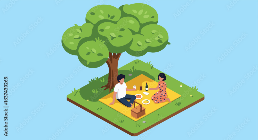 Obraz premium Isometric couple picnicking under tree; graphic resource for casual lifestyle use