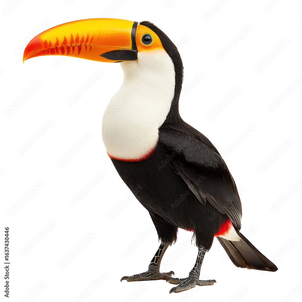 Naklejka premium Toucan perched A toucan stands on a branch, its long beak slightly raised and wings folded. full length isolate on transparent background