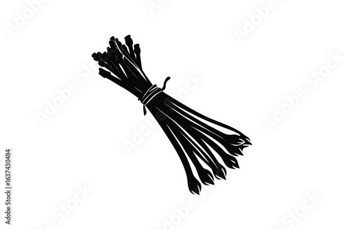 A bundle of dark silhouettes in a silhouette style featuring a variety of shapes and forms likely representing different types of objects or elements tied