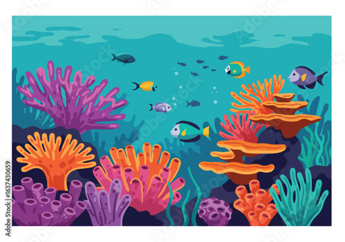 Fish swim among coral reef in deep ocean, used for wallpaper or educational material